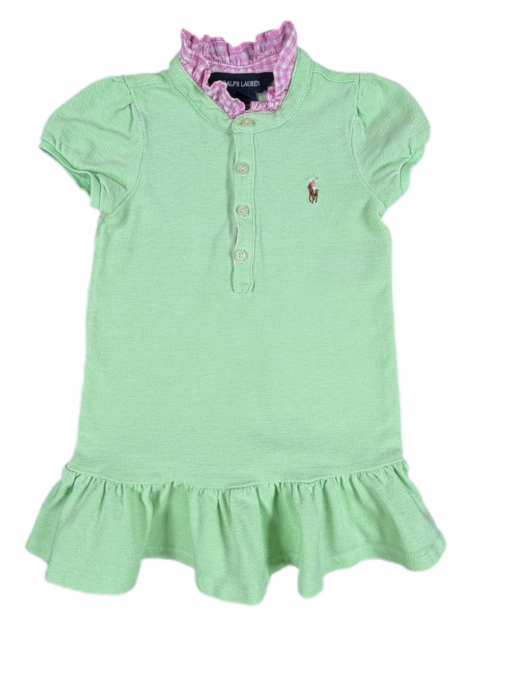 RALPH LAUREN Gingham Ruffle Collar Mesh Cotton Polo Dress - 18M
